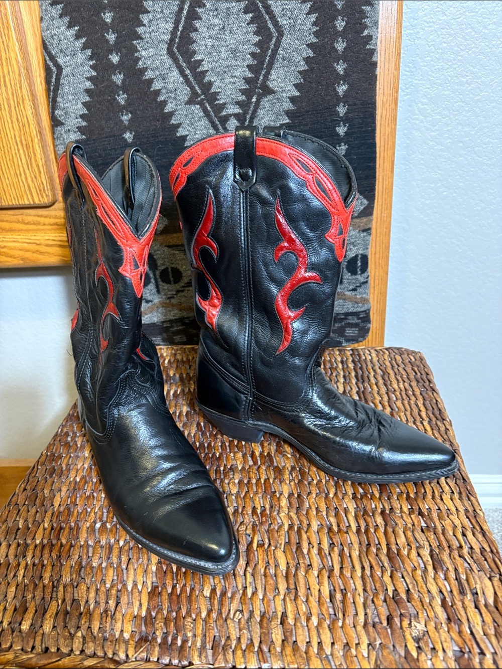 Men's Black Leather Western Cowboy Boots with Red Stitching